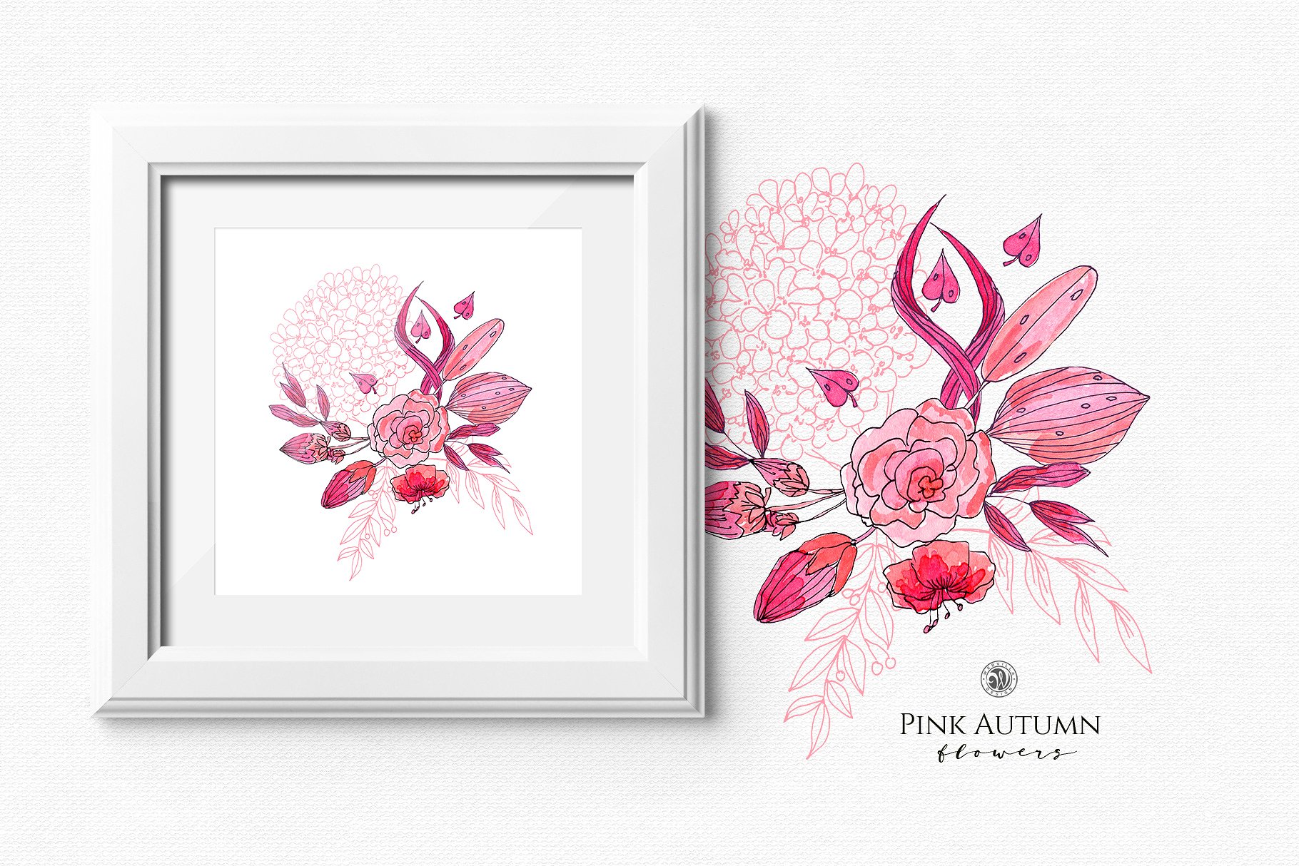 粉红水墨秋季水彩花卉插画 Pink Autumn Flowers插图(3)