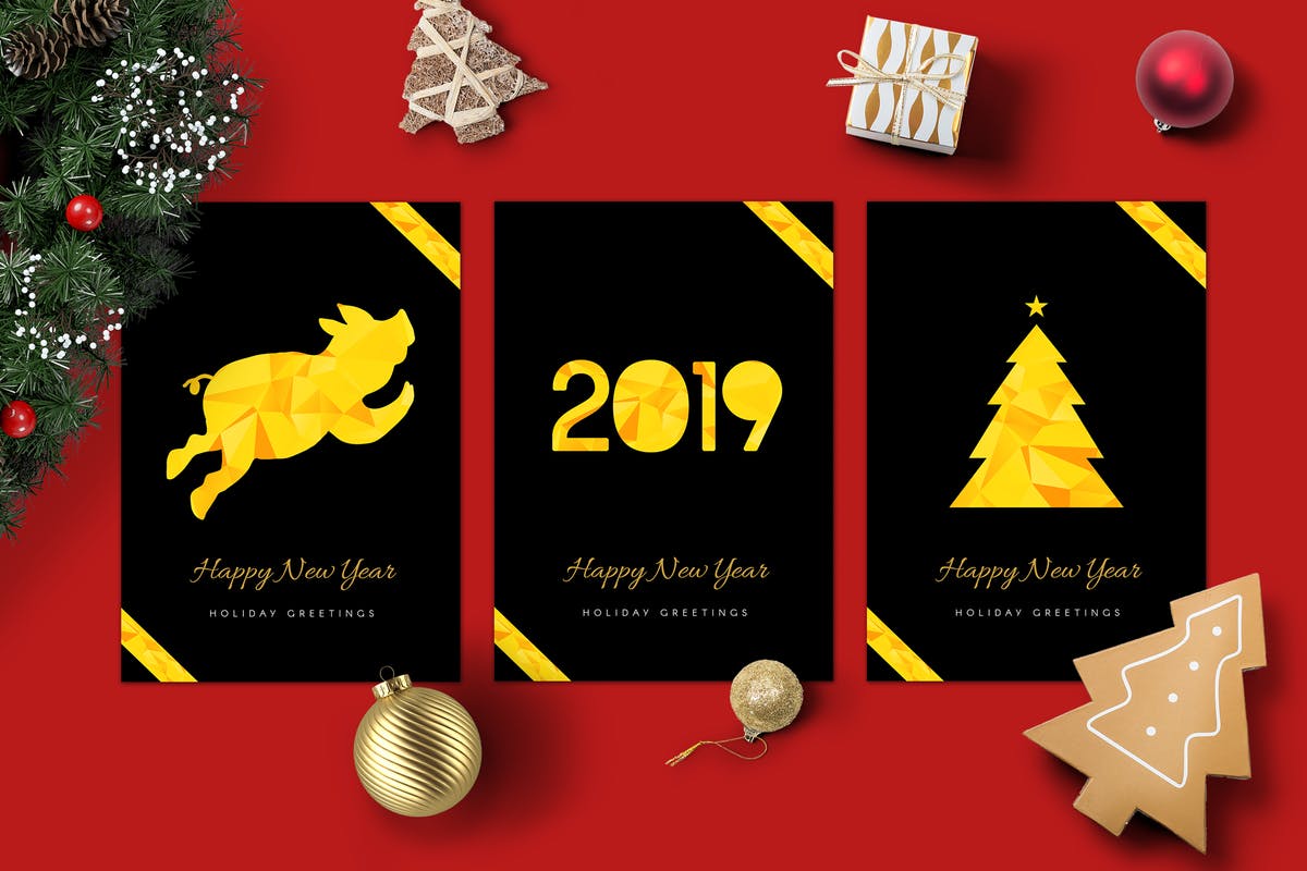 2019年猪年新年贺卡创意设计模板 2019 Happy New Year Cards插图