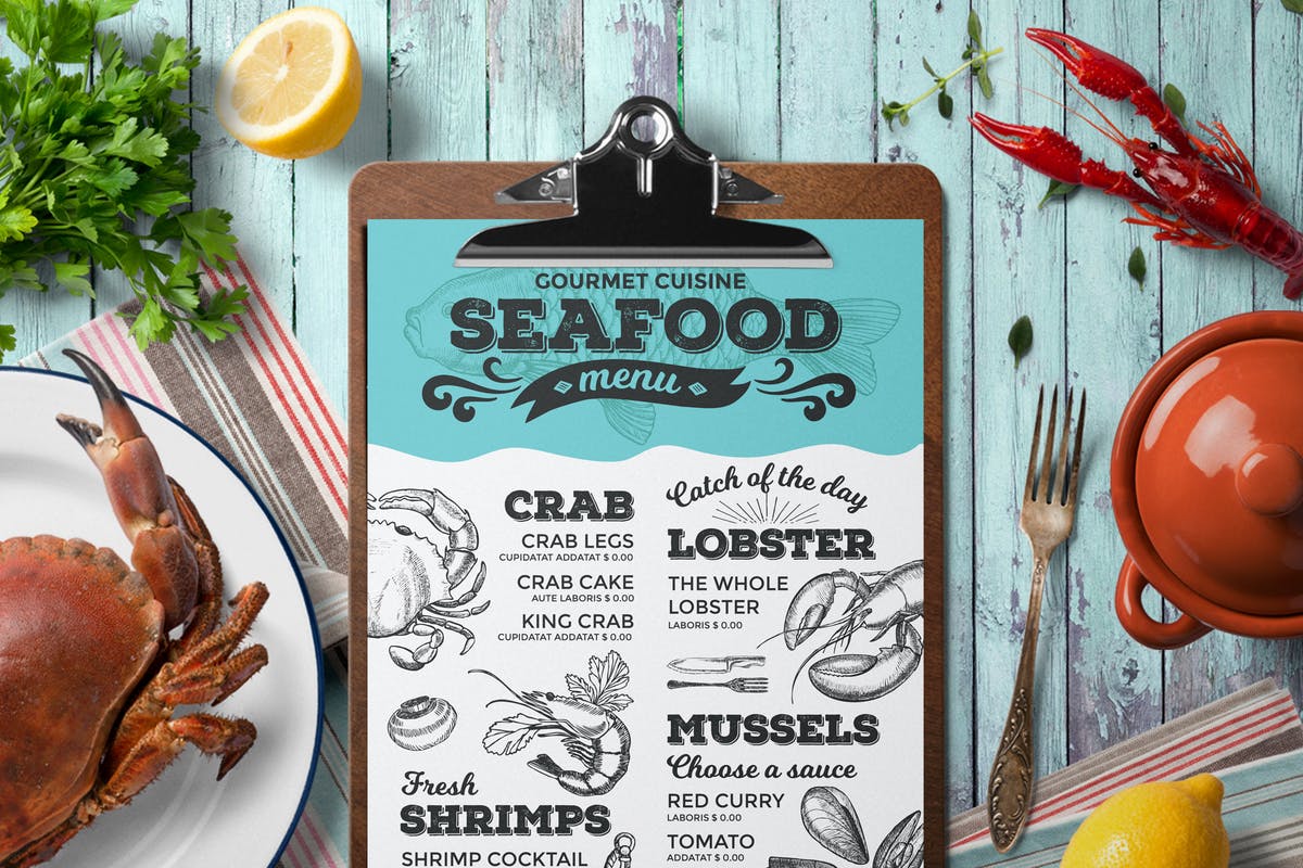 素描设计风格海鲜餐厅食物菜单模板 Seafood Menu Template插图