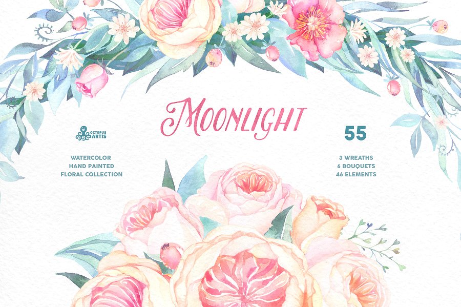 月色水彩花卉设计套装 Moonlight. Floral collection插图