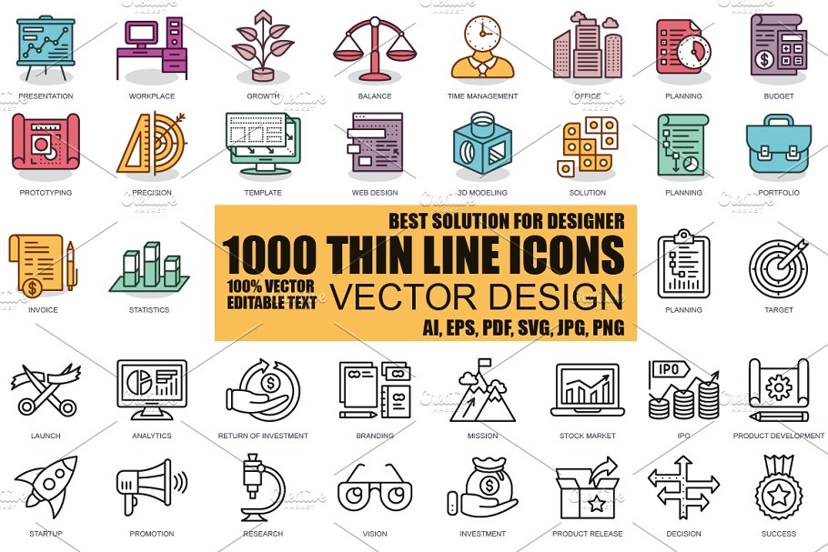 1000枚扁平化风格线条图标合集 Flat Line Icons插图
