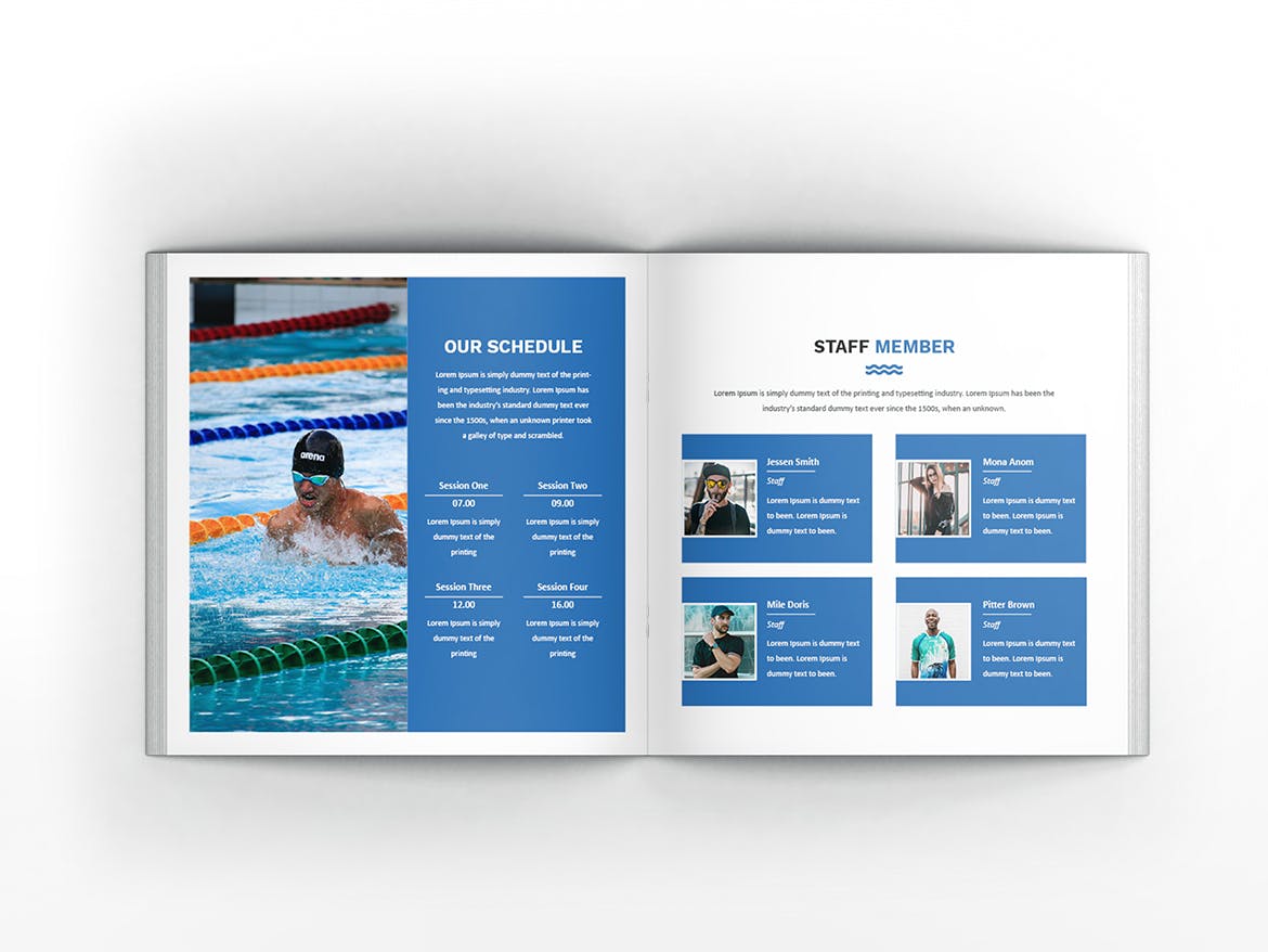 游泳培训课程方形宣传画册设计模板 Swimming Square Brochure Template插图(10)