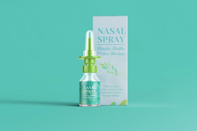 滴鼻瓶外观及包装设计样机模板 Nasal Spray Clear Bottle With Box Mockup插图(3)