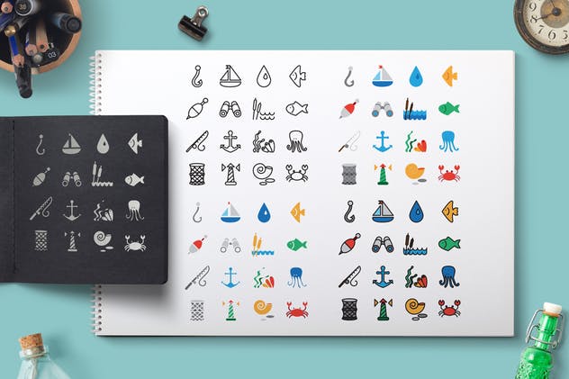 海洋主题图标＆图案背景纹理 Sea Icons and Patterns Set插图(1)
