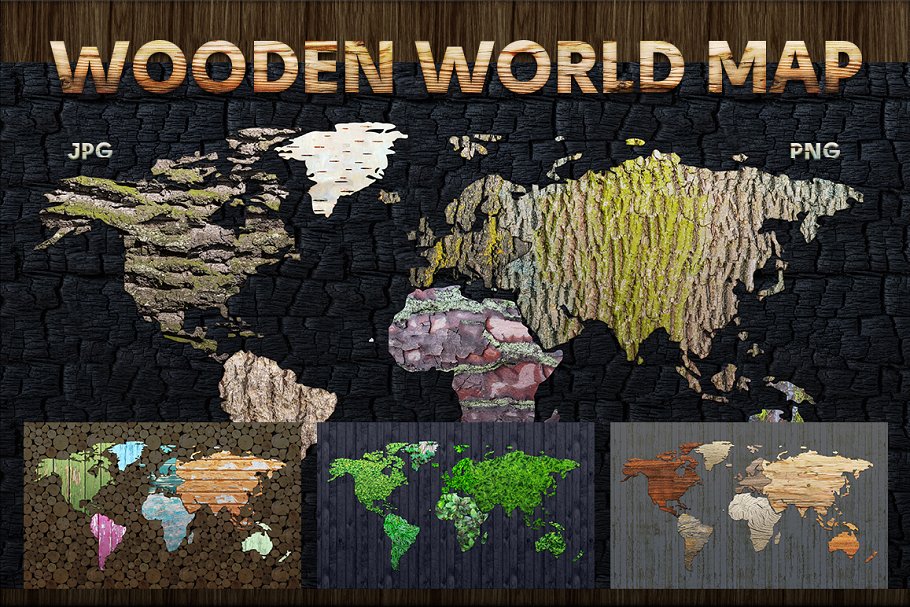 木纹创意世界地图设计图形素材 Wood Texture World Maps插图