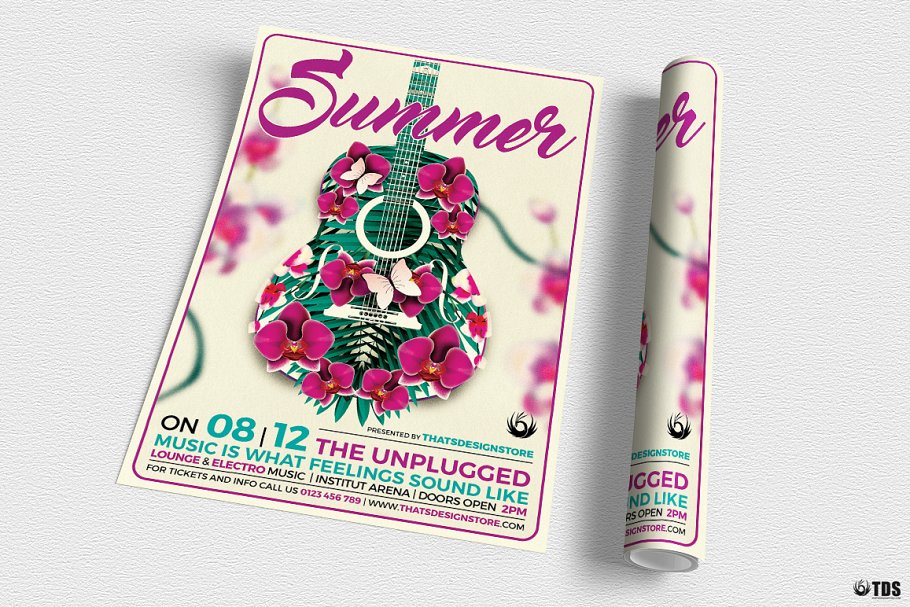 夏季吉他音乐会海报传单PSD模板 V1 Summer Unplugged Flyer PSD V1插图(2)