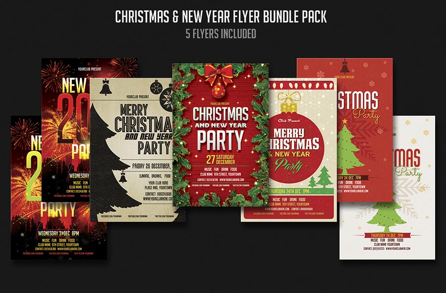 圣诞节&新年派对活动宣传传单模板 Christmas & New year Flyer Bundle插图