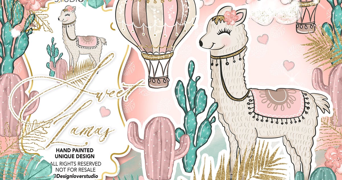 可爱羊驼水彩剪贴画动物素材下载 Sweet Lamas design插图