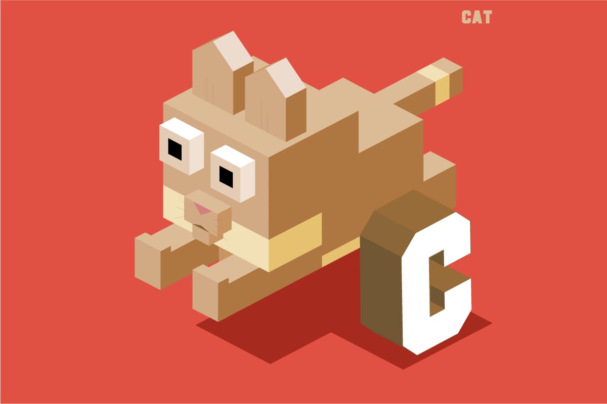 字母C&猫咪动物英文字母识字卡片设计2.5D矢量插画素材 C for cat. Animal Alphabet collection. vector illu插图