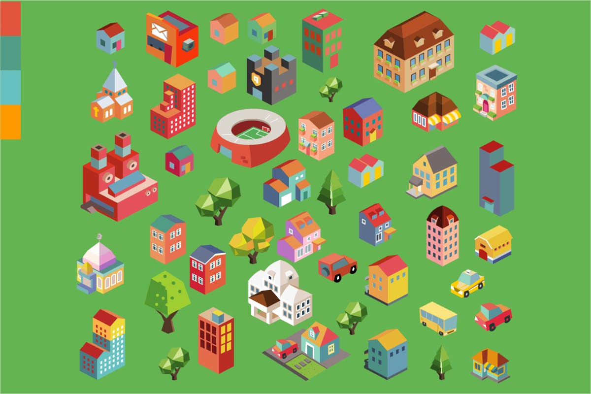 多彩等距城市场景矢量插画v8 Colorful vector isometric city插图