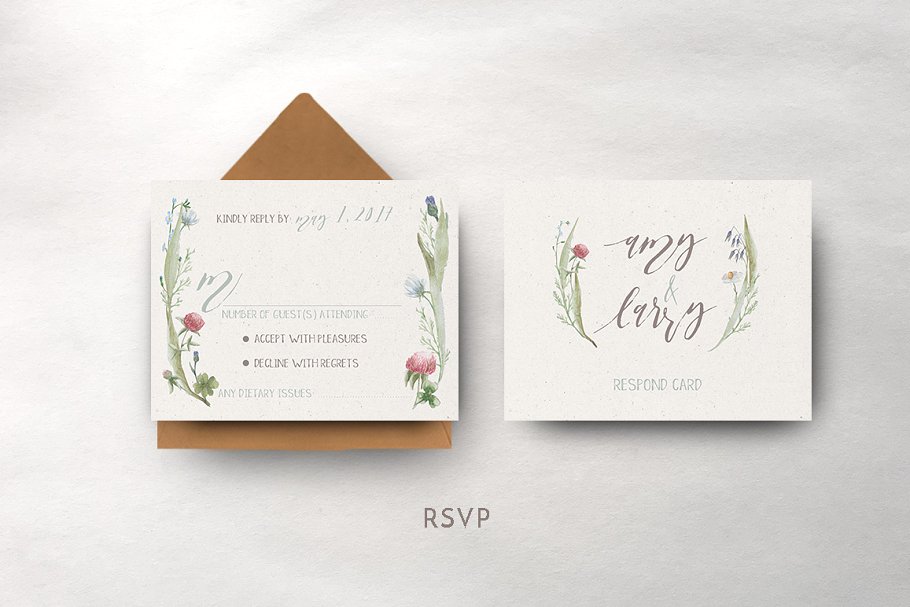 柔和水彩花卉婚礼邀请函设计模板套装 Watercolor Flower Wedding Suite插图(6)