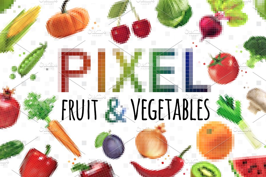 几何方块蔬菜水果颗粒像素化插图 Pixel Fruit & Vegetables插图