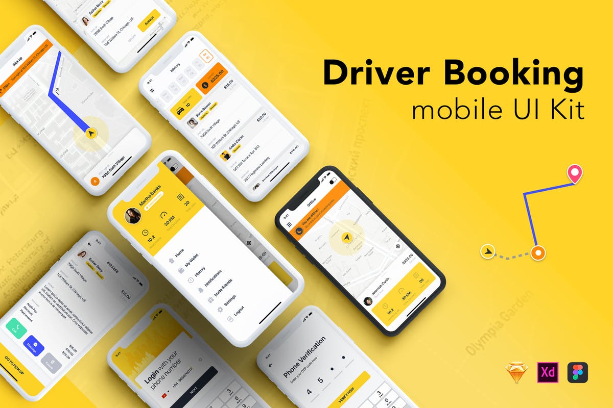 出租车打车软件APP应用UI设计套件 Taxi Driver Booking UI Kit插图