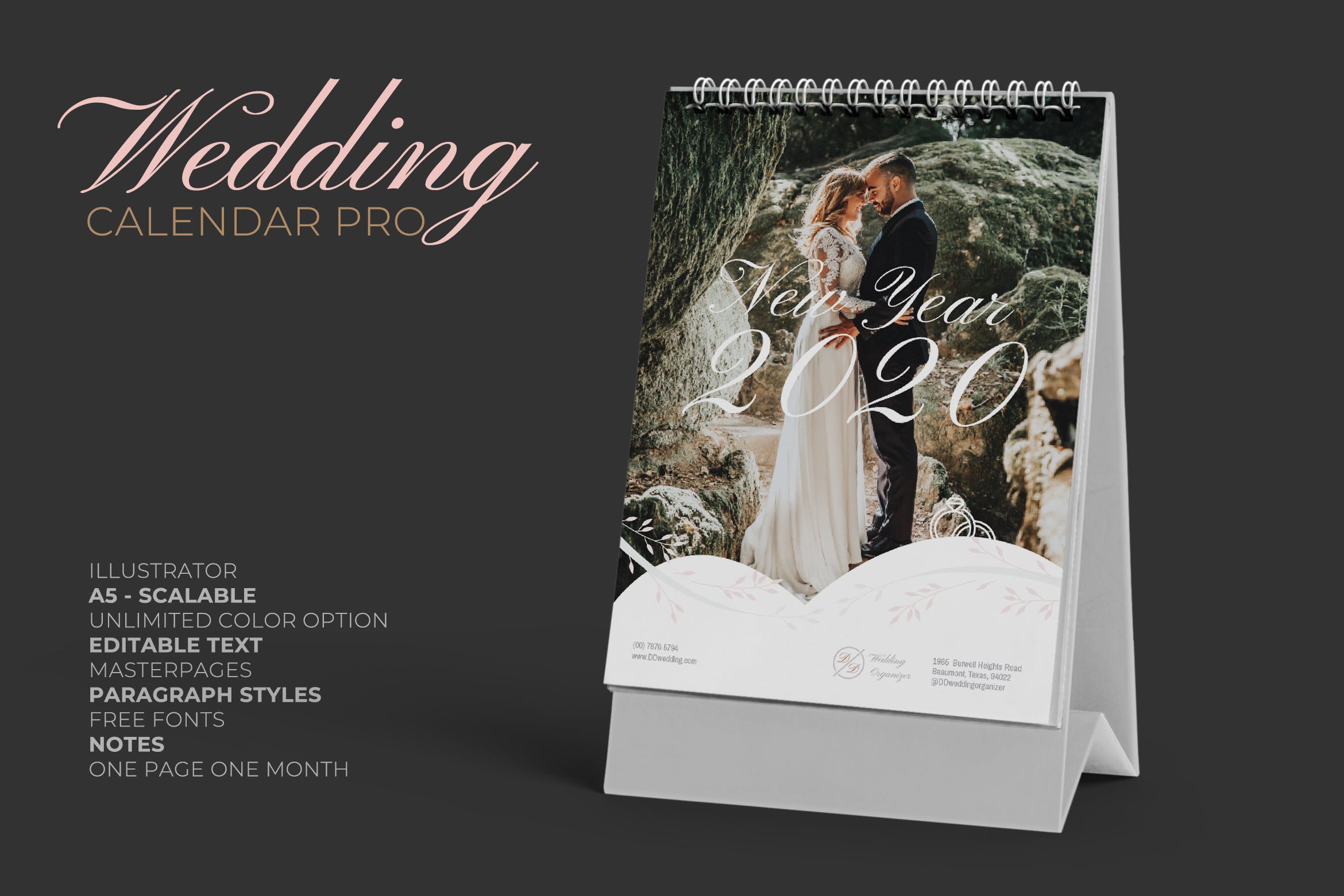 2020年婚纱摄影主题活页台历表设计模板 2020 Wedding Calendar Pro插图