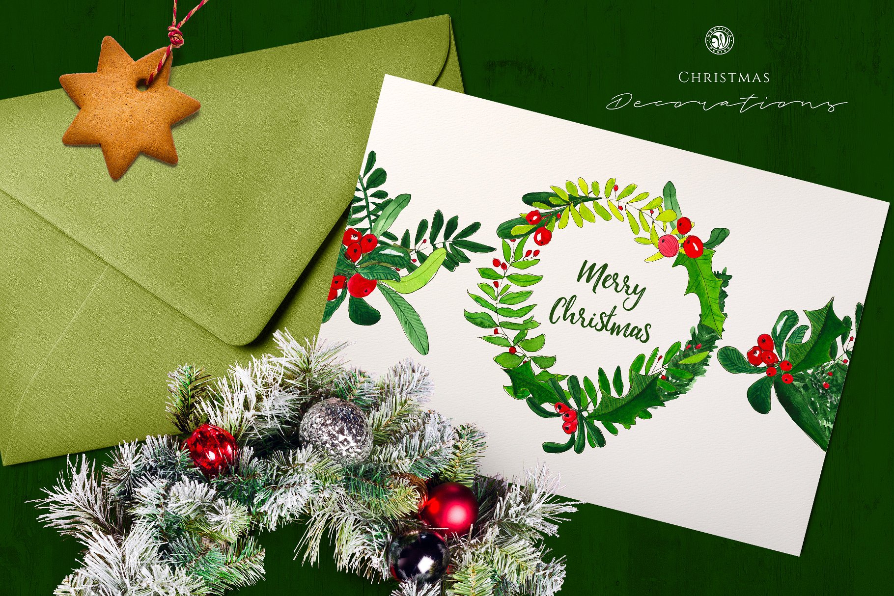 绿色水彩圣诞花卉装饰剪贴画合集 Watercolor Christmas Decorations插图(1)