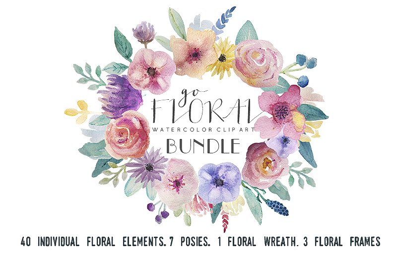 水彩花卉素材集（元素、花环&花框） Go Floral! watercolor clip art set插图