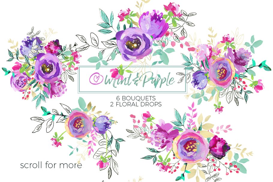 薄荷和紫色水彩花卉 Mint and Purple Watercolor Flowers插图(2)