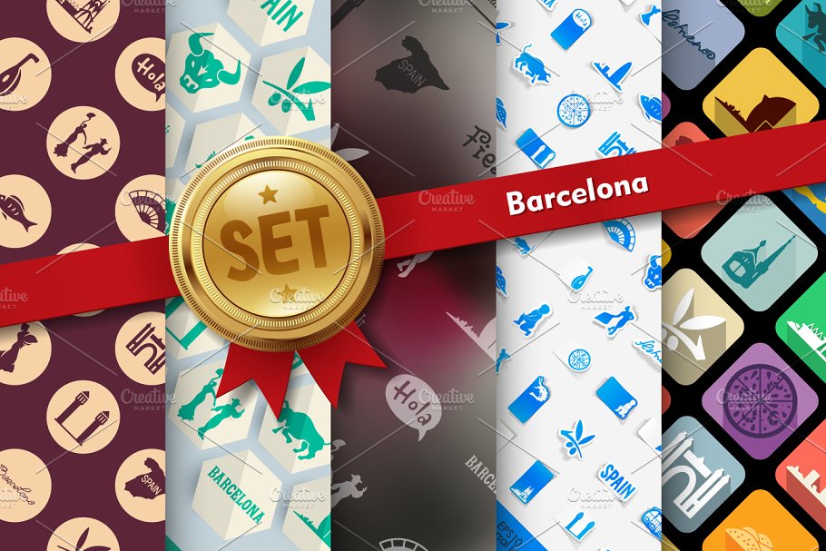 巴塞罗那西班牙风情图标集 Set of Barcelona icons插图