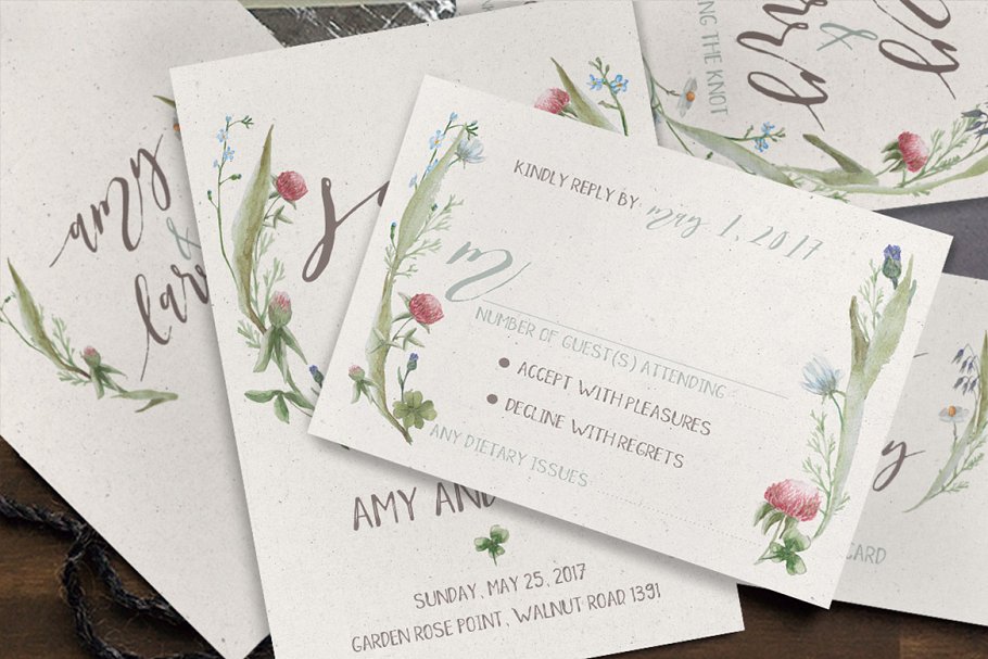 柔和水彩花卉婚礼邀请函设计模板套装 Watercolor Flower Wedding Suite插图(1)