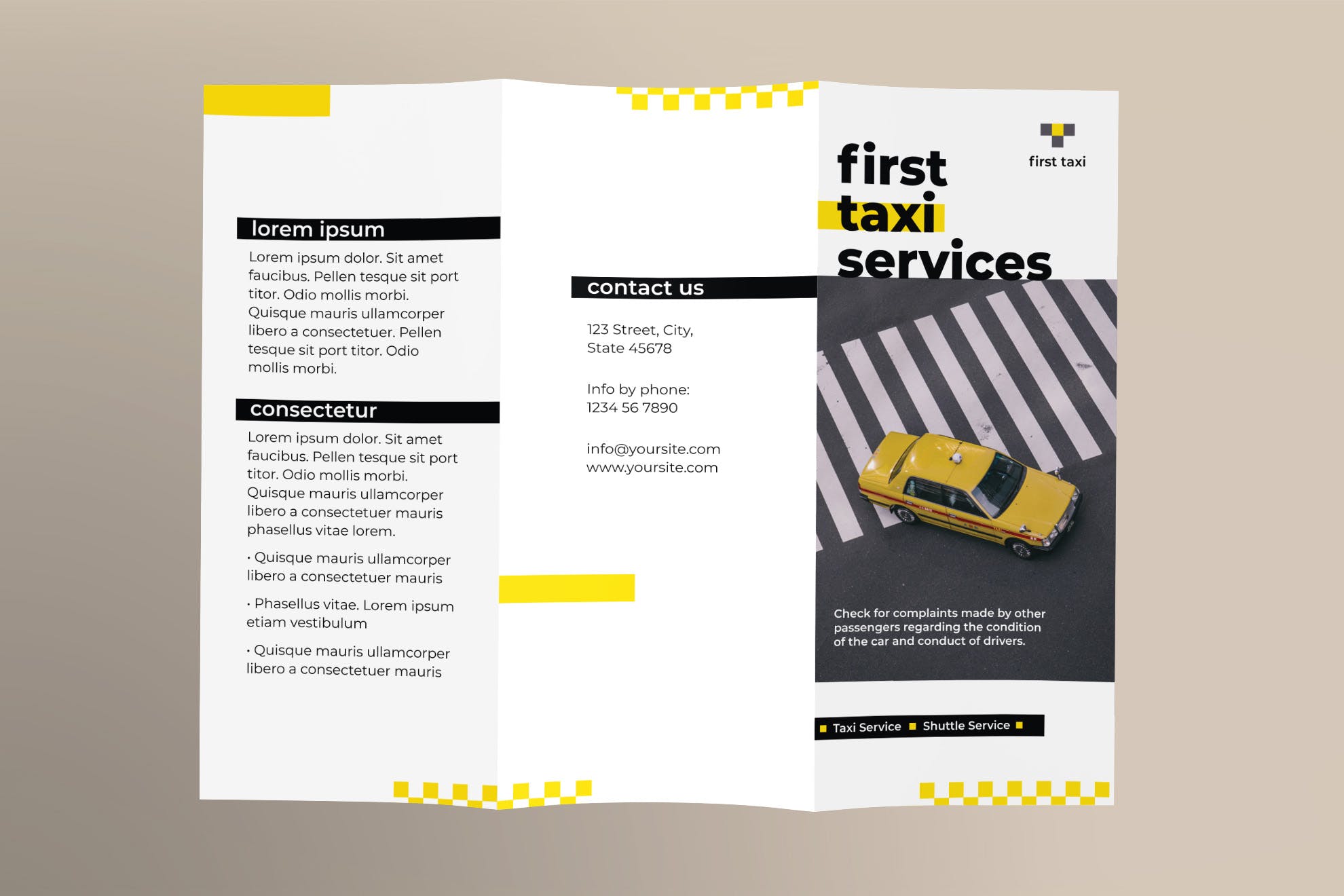 出租车/网约车服务三折页传单设计模板 Taxi Services Brochure Trifold插图(1)