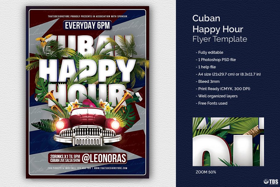 古巴欢乐时光节庆活动广告模板 Cuban Happy Hour Flyer PSD插图
