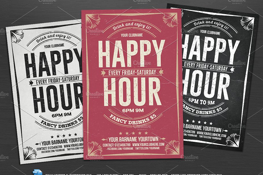 大字报风格海报设计模板 Happy Hour Flyer插图(1)