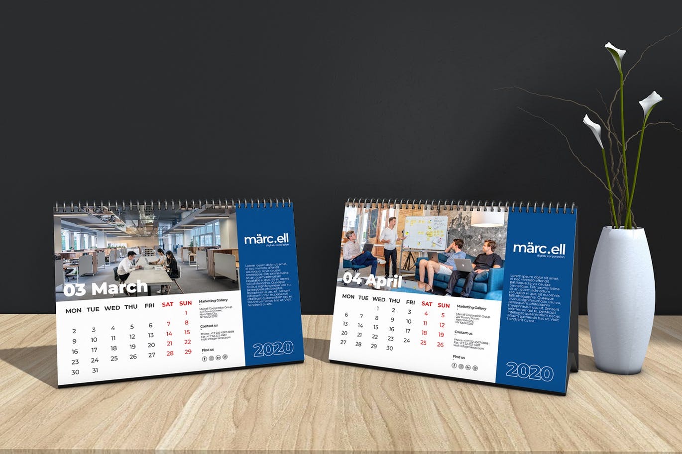 2020年深蓝色翻页台历表设计模板 Marcell Corporate Table Calendar 2020插图(3)