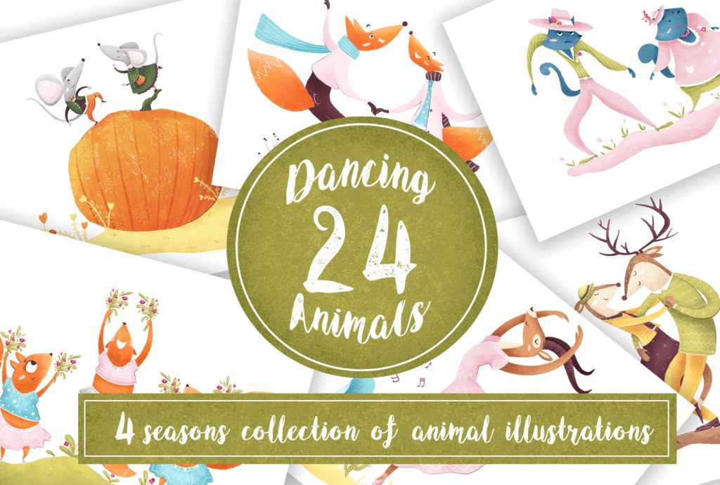 24款卡通跳舞的动物手绘插画素材[psd,png,jpg,pdf]插图