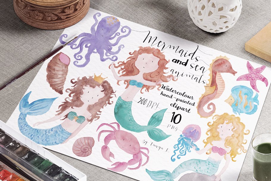 美人鱼水彩手绘剪贴画 Mermaids Watercolor Hand-painted插图(1)