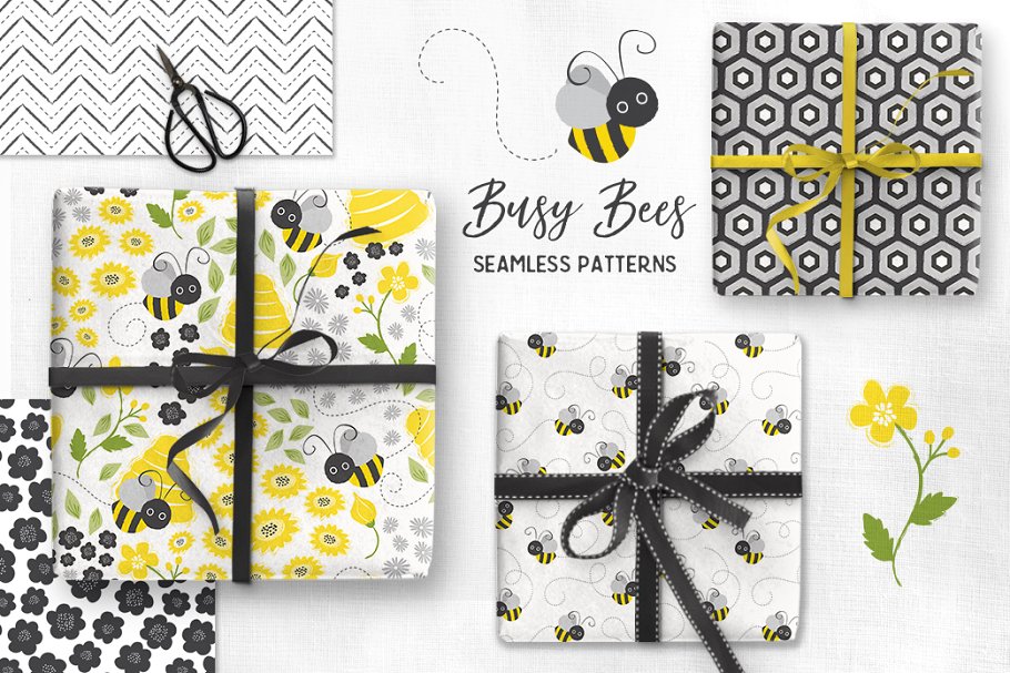 宝贝蜜蜂几何无缝矢量图案 Baby Bees Seamless Patterns插图