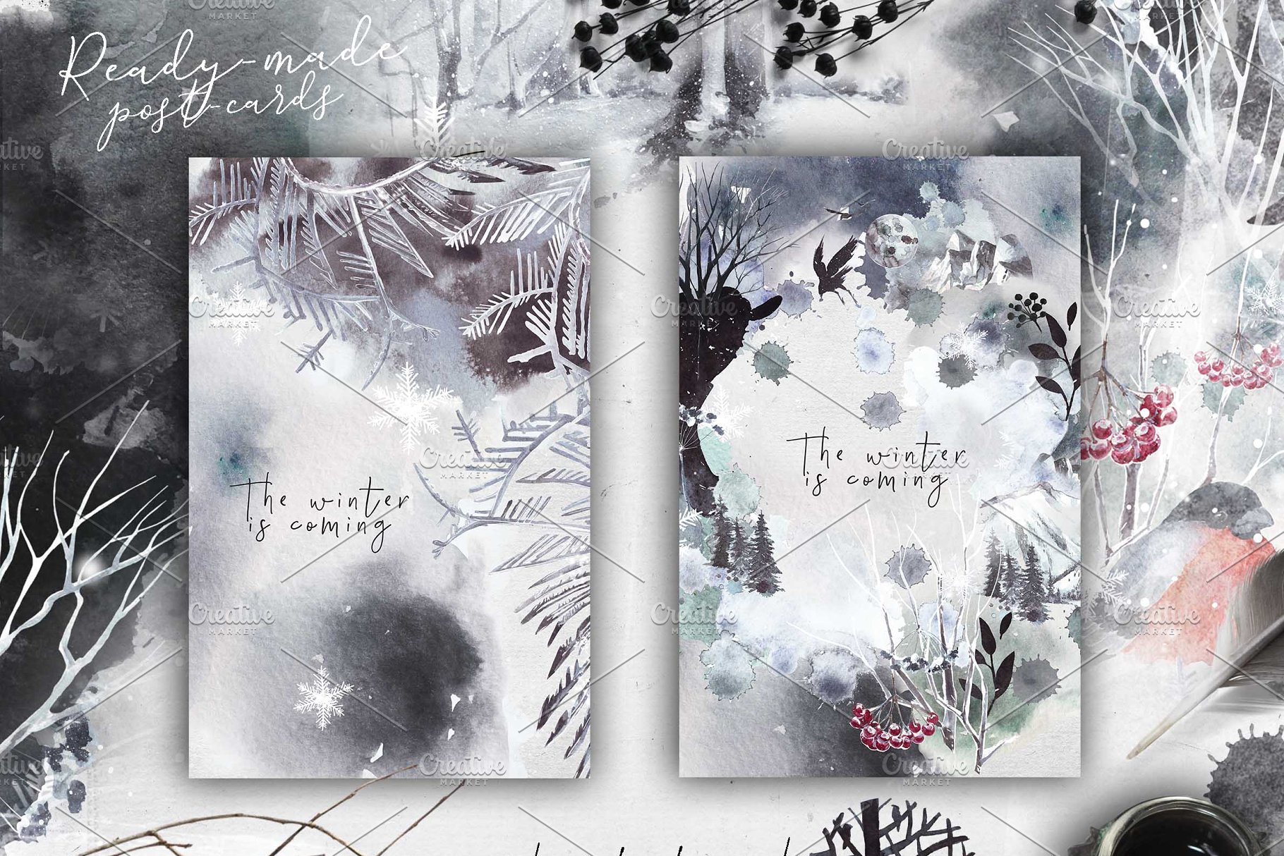 秋冬水墨手绘元素合集 vol.2 "Winter fall" stationery插图(3)