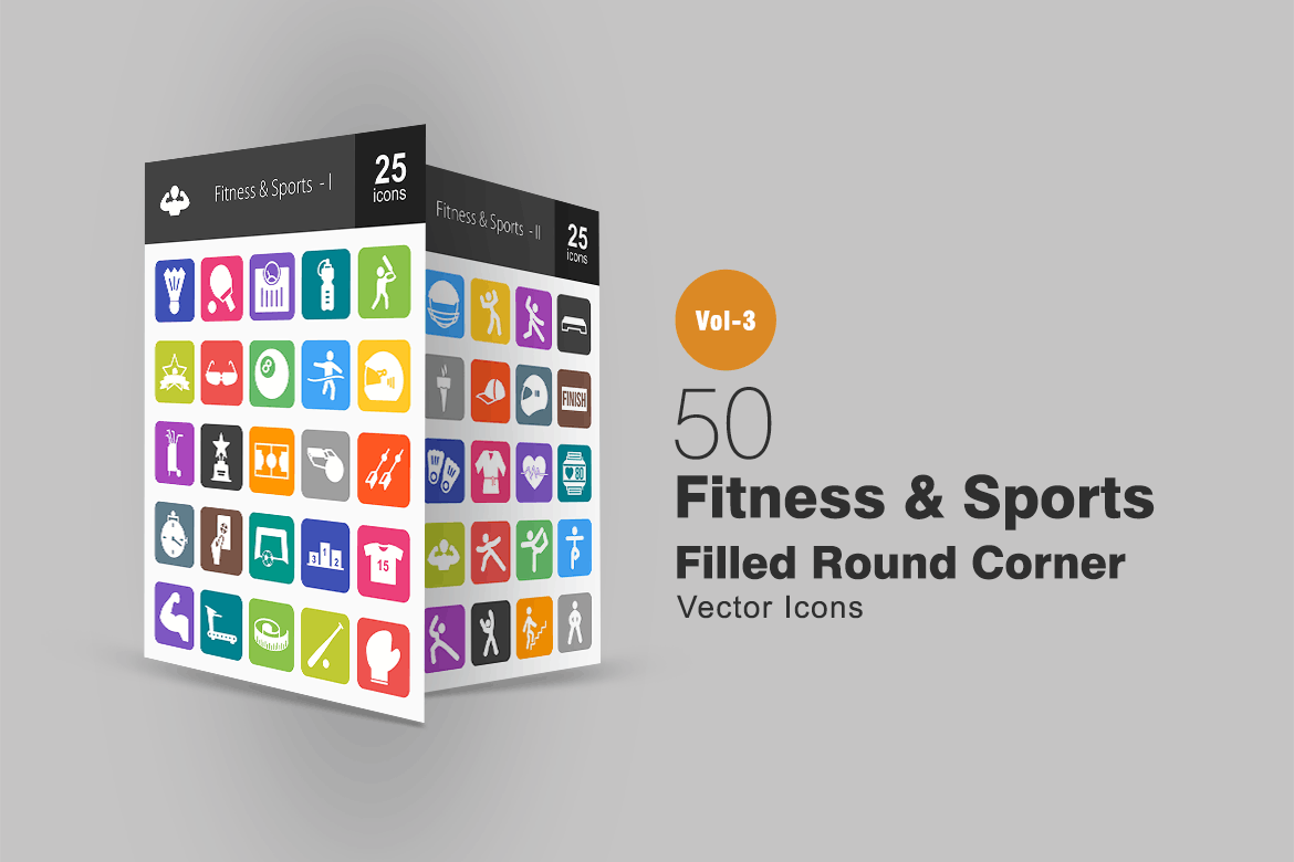 50枚健身&运动主题圆角图标素材 50 Fitness & Sports Flat Round Corner Icons插图