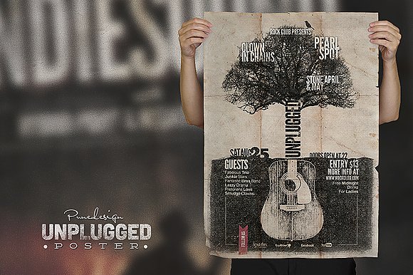 复古做旧吉他音乐会宣传单模板 Unplugged – Poster插图
