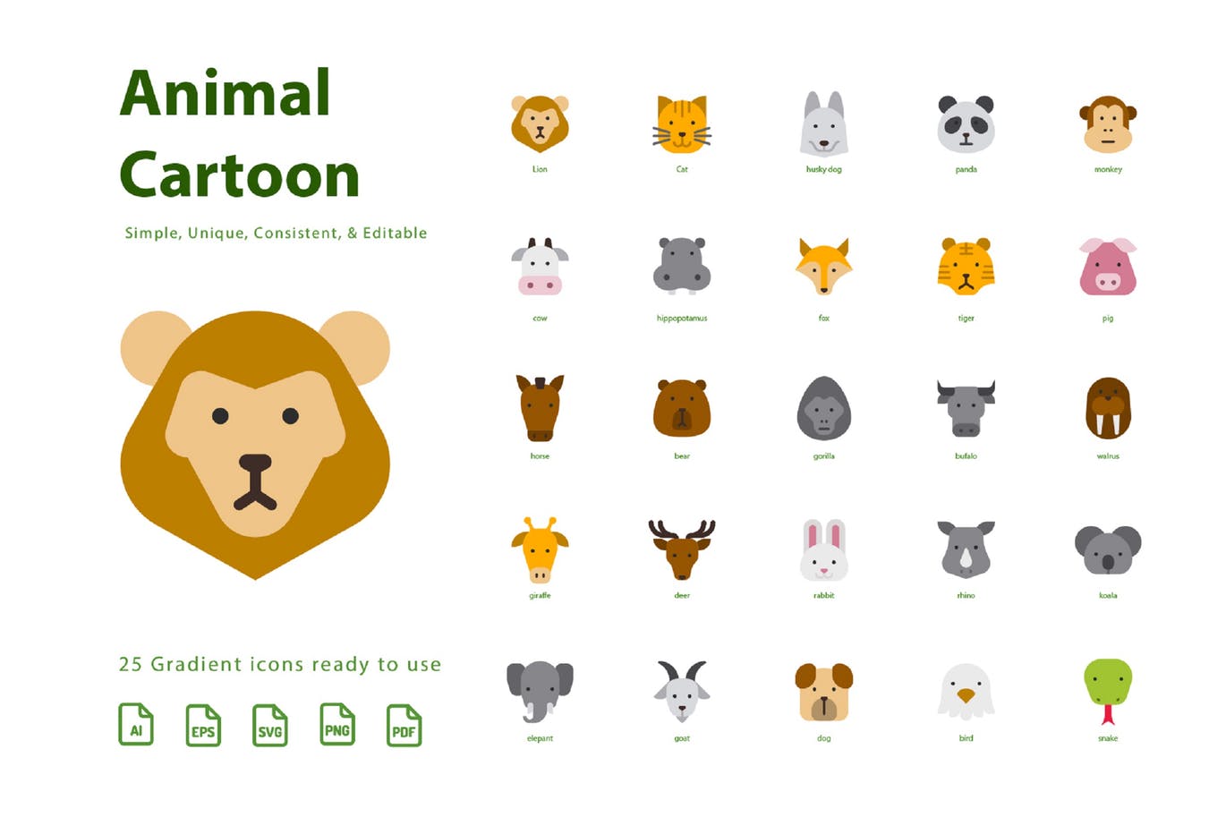 动物卡通形象填充扁平设计风格图标素材 Animal Cartoon (Flat)插图
