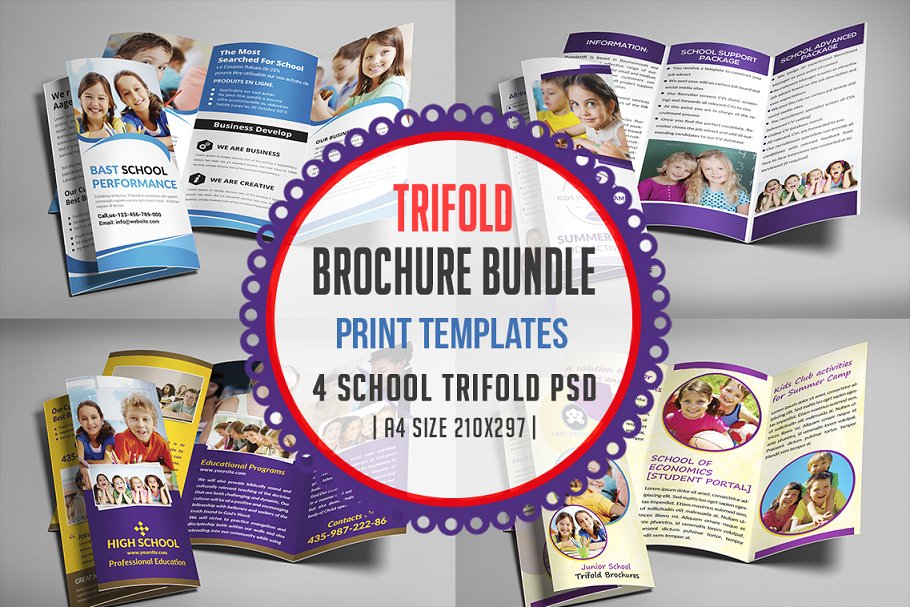 学校教育机构三折页宣传册模板 School Trifold Brochure Bundle插图