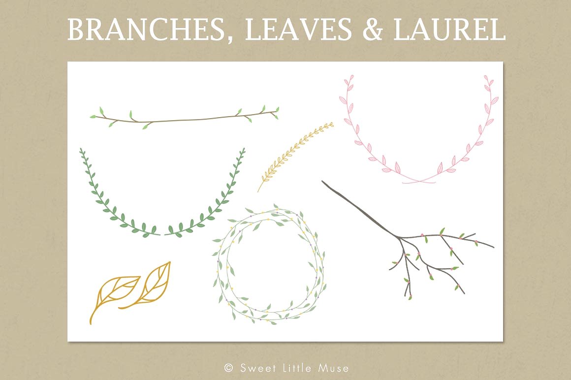 文艺清新手绘树枝插画合集 Clip Art Branches, Leaves & Laurel插图