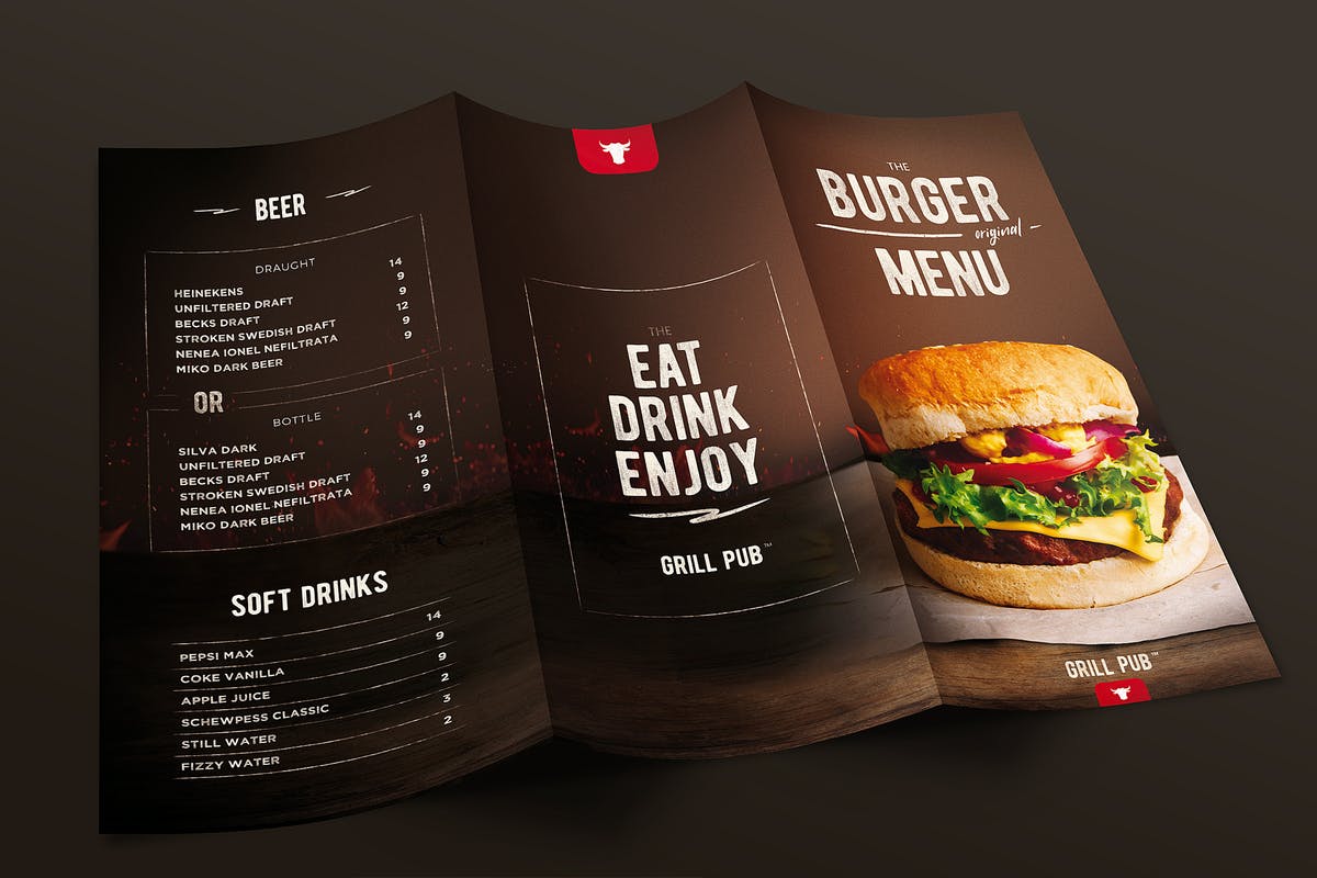 西式快餐汉堡三折页菜单PSD模板 Burger Menu Trifold插图