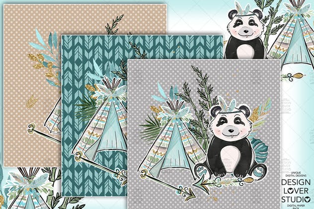 波西米亚风格熊猫无缝图案设计素材 Boho Panda digital paper pack插图(3)