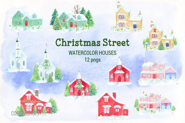 圣诞街道水彩剪贴画元素合集 Watercolor Christmas Street插图(3)