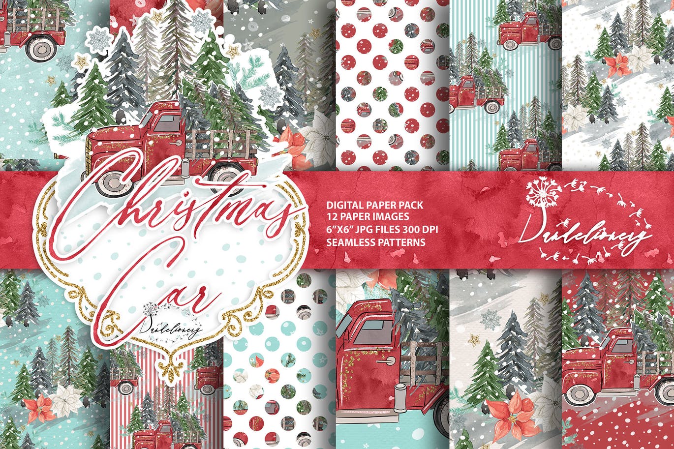 圣诞节礼物卡车数码纸张背景素材 Christmas Car digital paper pack插图