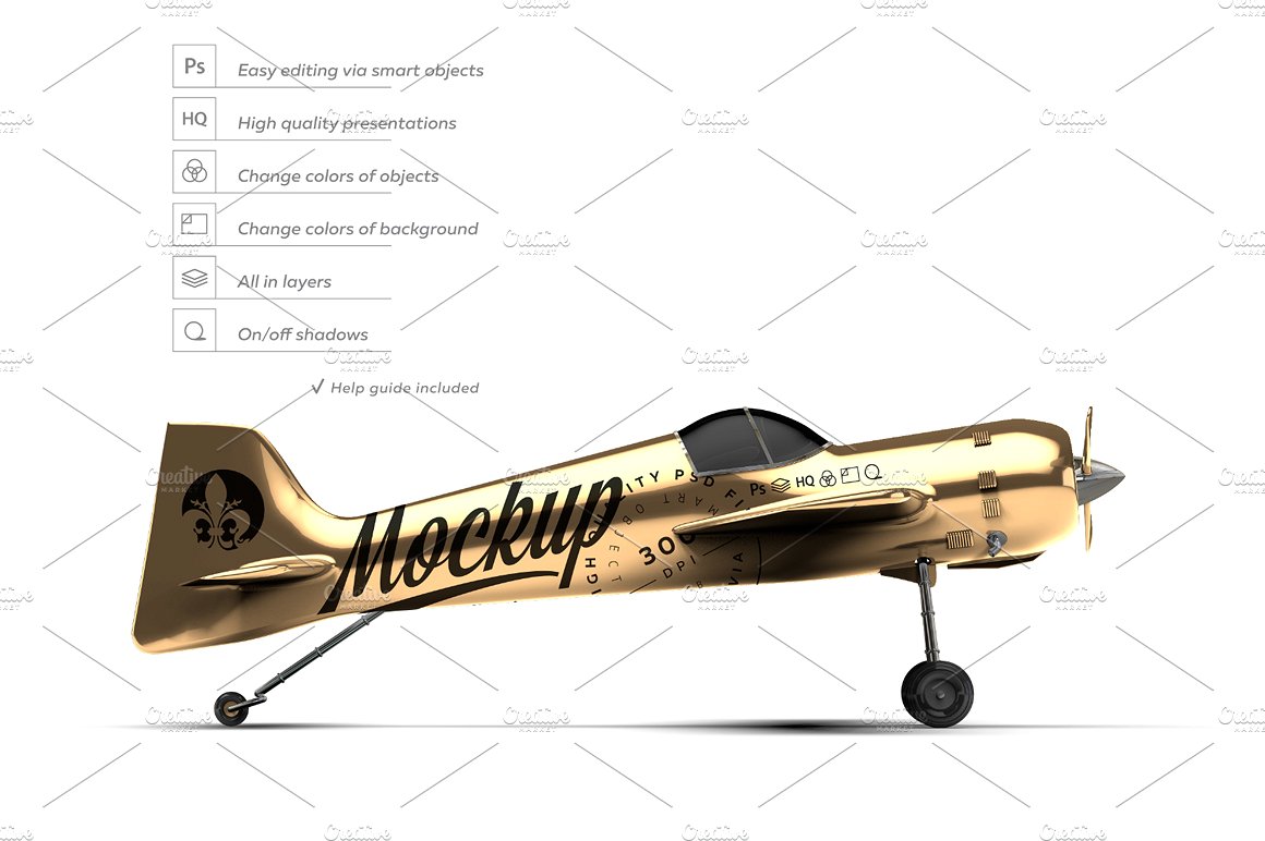 金色怀旧特技飞机机身花纹设计展示模型插图(3)