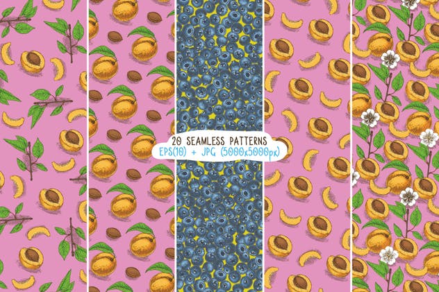 水果图案无缝纹理合集 Fruits Seamless Patterns Set插图(1)