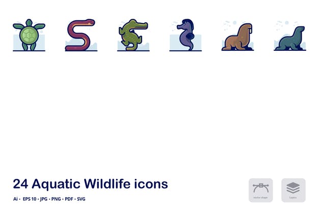 海洋水生野生动物矢量描边图标合集 Aquatic Wildlife Detailed filled outline icons插图(1)