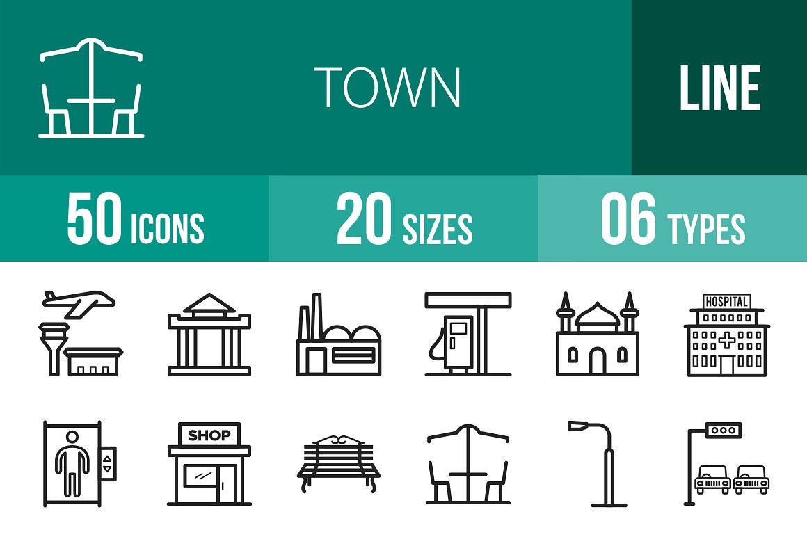 城镇基建设施主题线框图标 Town Line Icons插图
