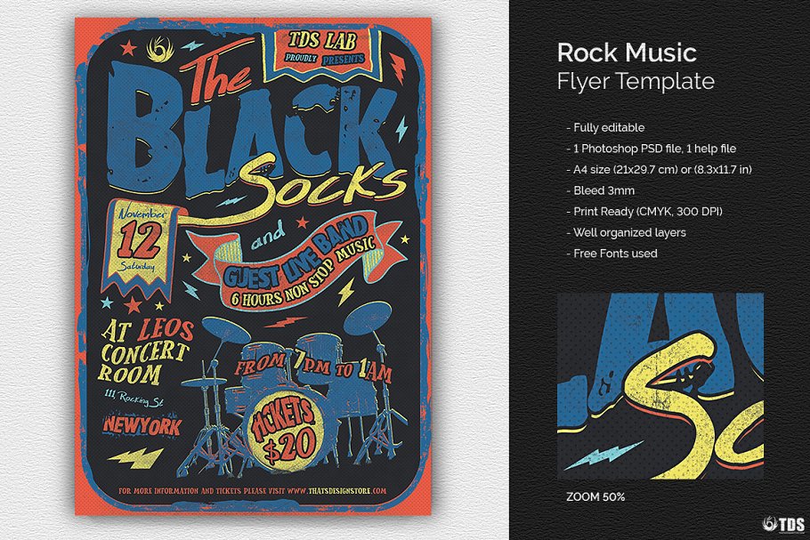 复古风格摇滚活动主题海报PSD模板 Rock Music Flyer PSD插图