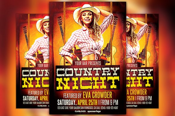 西方乡村音乐晚会传单模板 Western Country Night Flyer Template插图