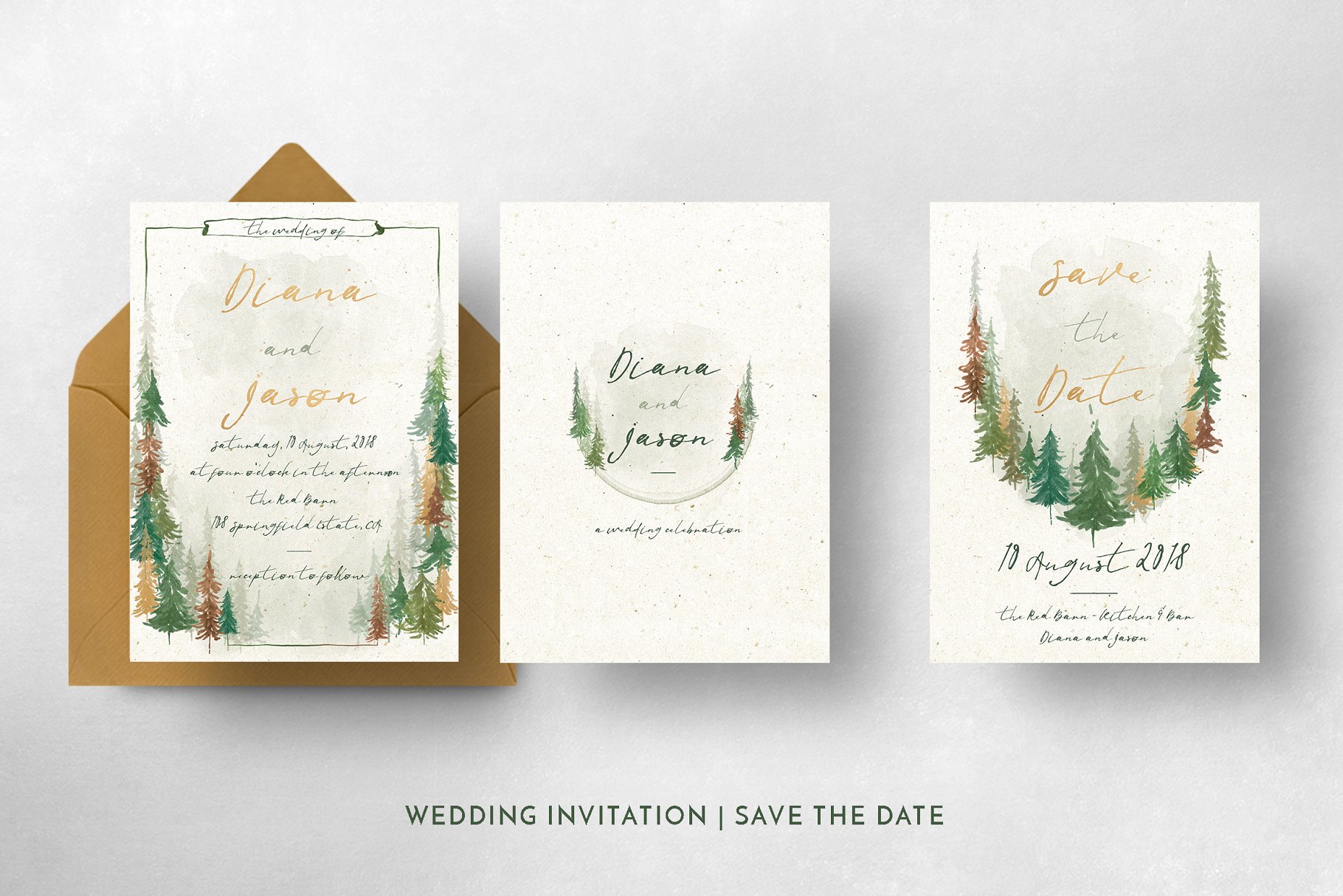 水彩森林背景婚礼设计物料模板 Watercolor Forest Wedding Suite插图(5)