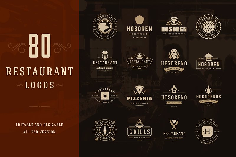 80款西餐厅品牌Logo和徽标模板 80 Restaurant Logotypes and Badges插图