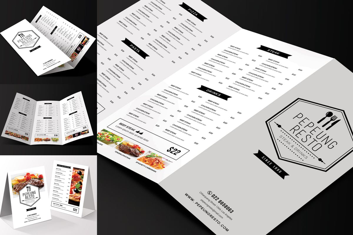 极简设计风格三折页西餐厅菜单设计模板 Trifold Minimalist Menu插图
