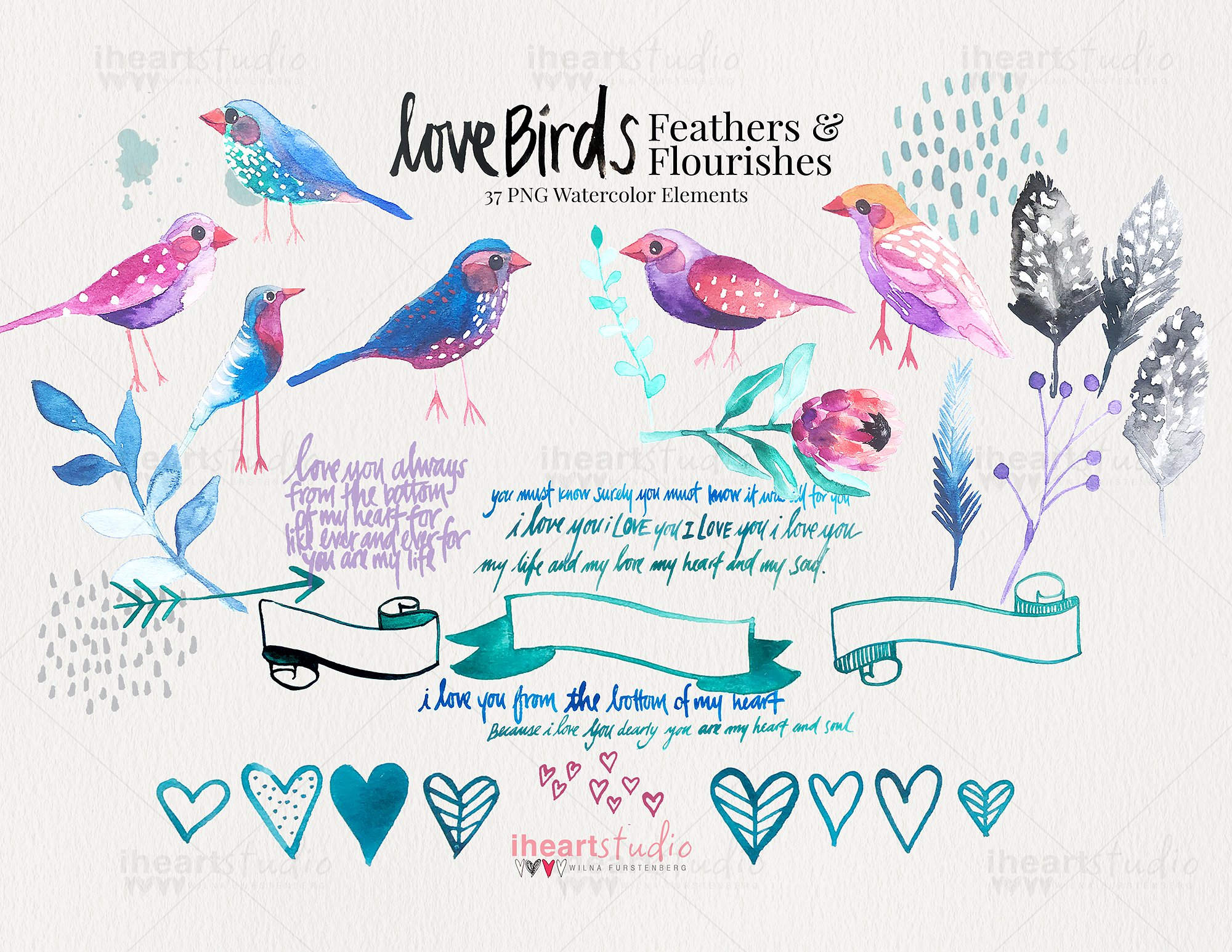 爱情相关的小鸟水彩画素材包插图(2)